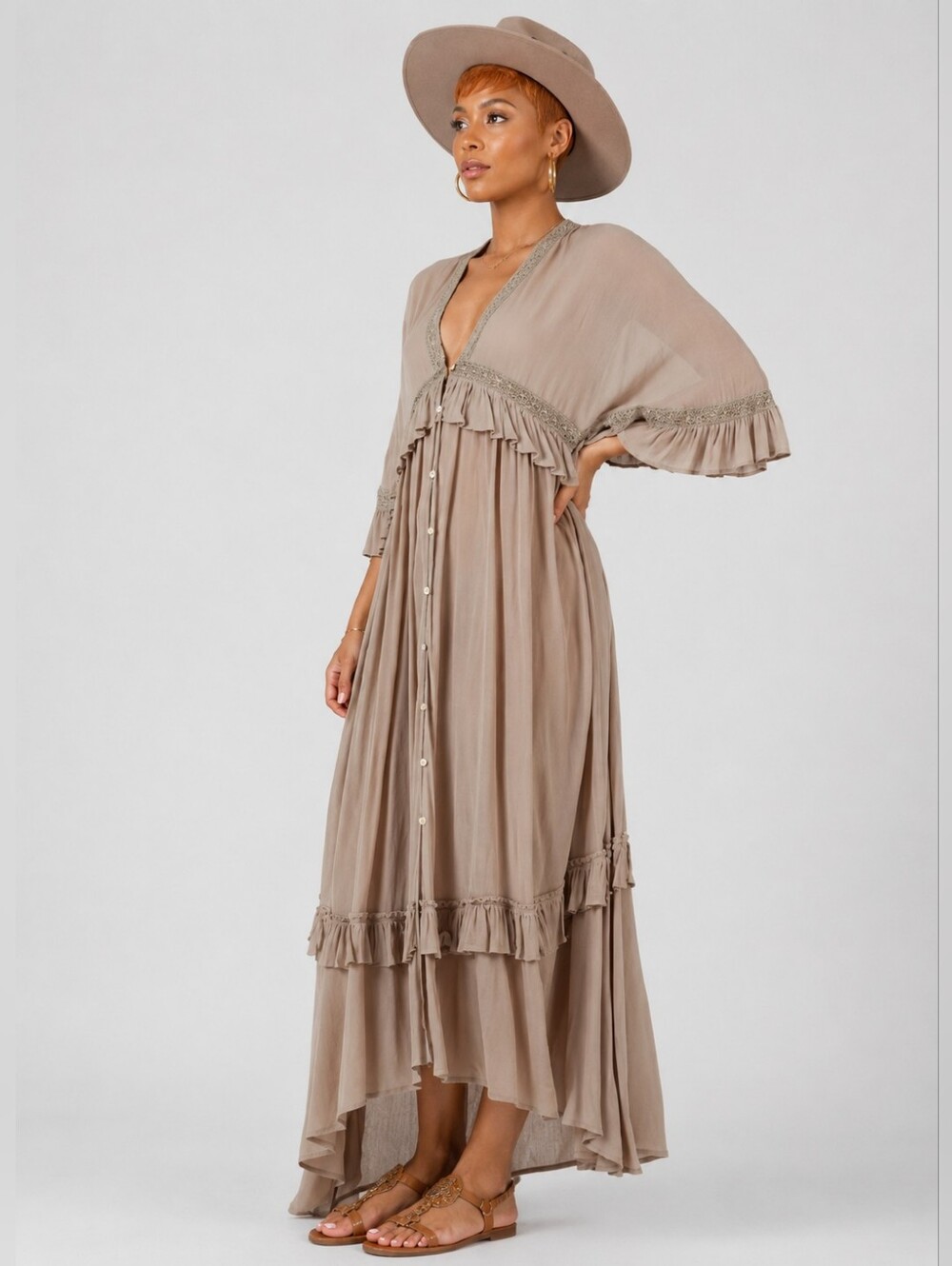 ESTELLE Boho Ruffle Dress-Sand - Picture 2 of 11